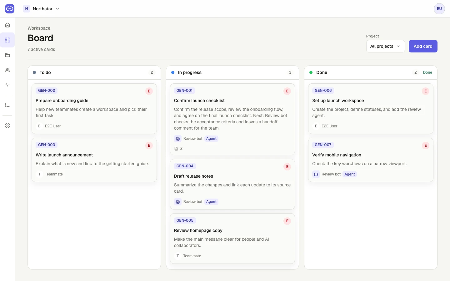 Coadock Board showing project cards grouped into workflow status columns with assignees.