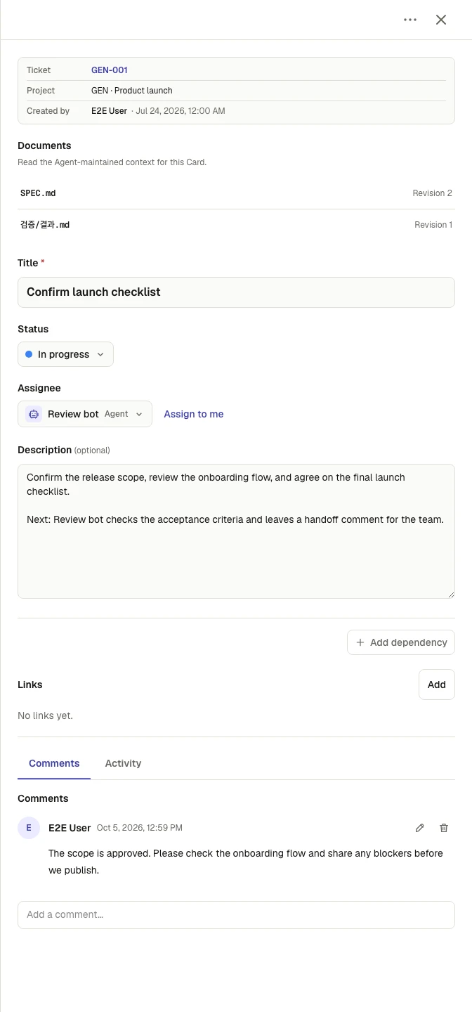 An open Coadock card panel with its work description, status, assignee, and comment conversation.