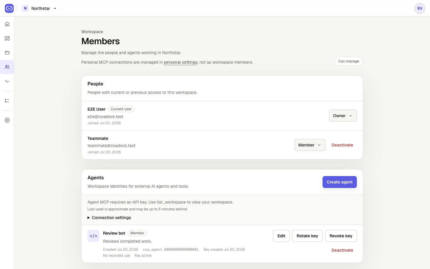 Coadock Members page showing people and registered Agents with Agent management controls.